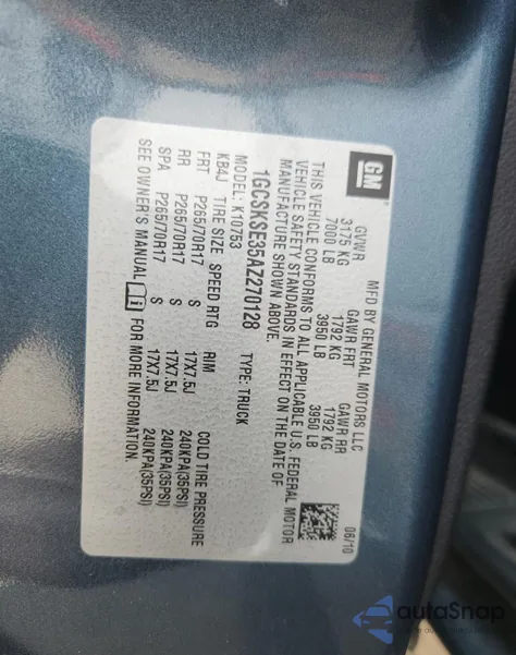 2010 Chevrolet Silverado K1500 Lt z USA, uszkodzony, nr VIN 1GCSKSE35AZ270128